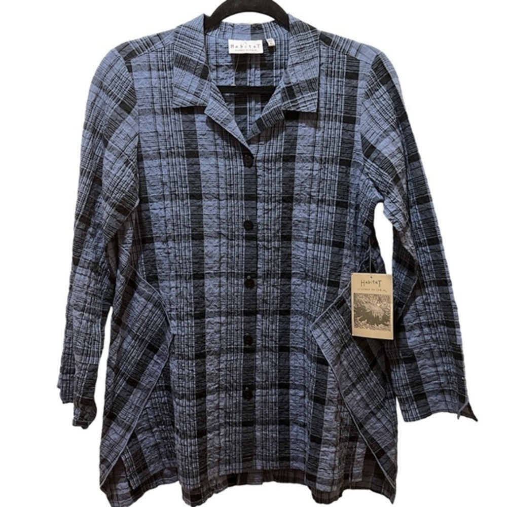 Habitat plaid blouse slate blue & black buttons collar XS NWT